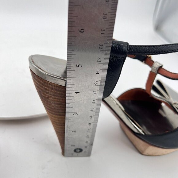 Lanvin Women Size EU 37 US 7 Black Silver Bow T Strap Platform Cone Heel Sandal - Picture 13 of 15